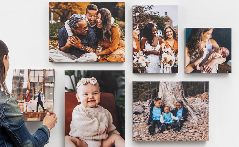 Gallery wall of 6 different sized Premium Canvases featuring family, wedding, and baby themed photos.