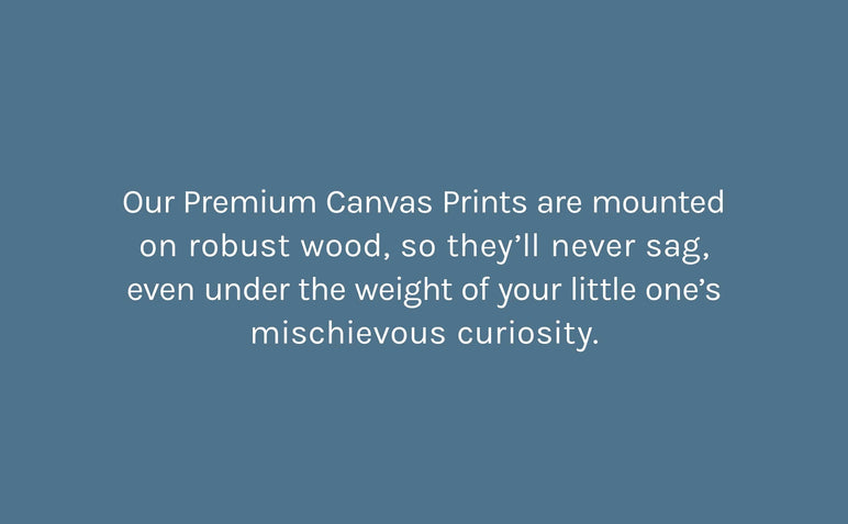 Our Premium Canvas Prints are mounted on robust wood, so they’ll never sag, even under the weight of your little one’s mischievous curiosity.