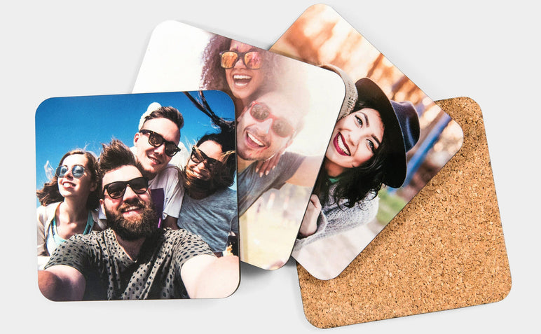 Set of Photo Coasters featuring photos of a group of friends.