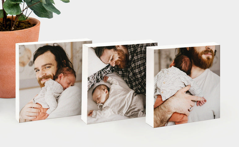 Set of three 5x5" Gallery Blocks featuring photos of a Dad and his baby. 