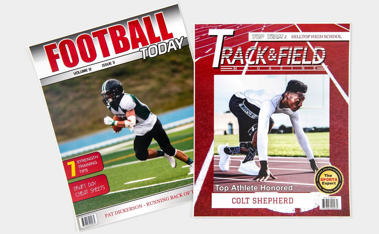 Two Magazine Covers featuring a football player and a track runner. 