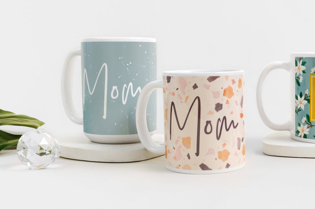 Both an 11 oz and a 15 oz Photo Mug with Mother's Day themed artwork on the front.