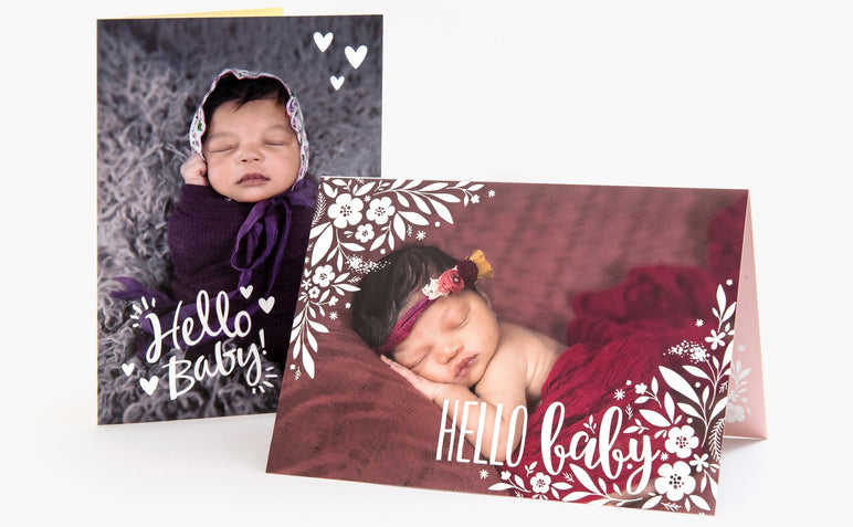 Two baby themed 5x7" Classic Fold Cards, one portrait and one landscape.