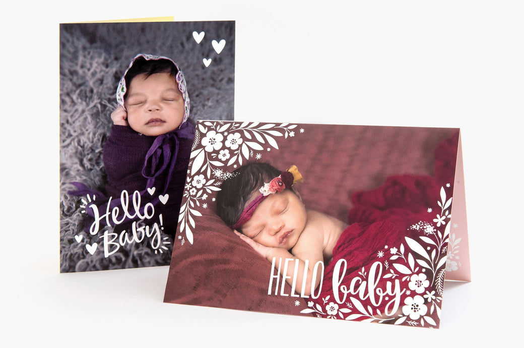 Two baby themed 5x7" Classic Fold Cards, one portrait and one landscape.