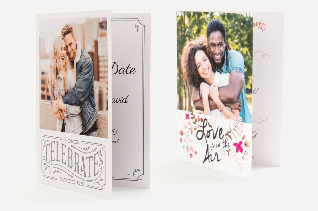 Two Save The Date themed portrait 5x7" Classic Fold Cards.