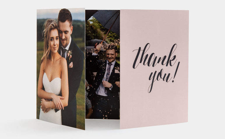 5x7" Gate Fold Card featuring Thank You artwork and photos from a wedding.