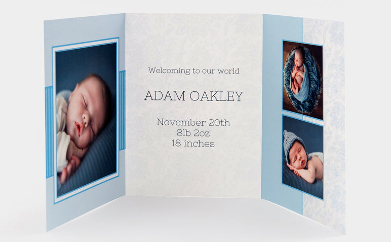 Inside shot of a baby themed 4x5.5" Tri-Fold Card, featuring the photos and information of a newborn baby.