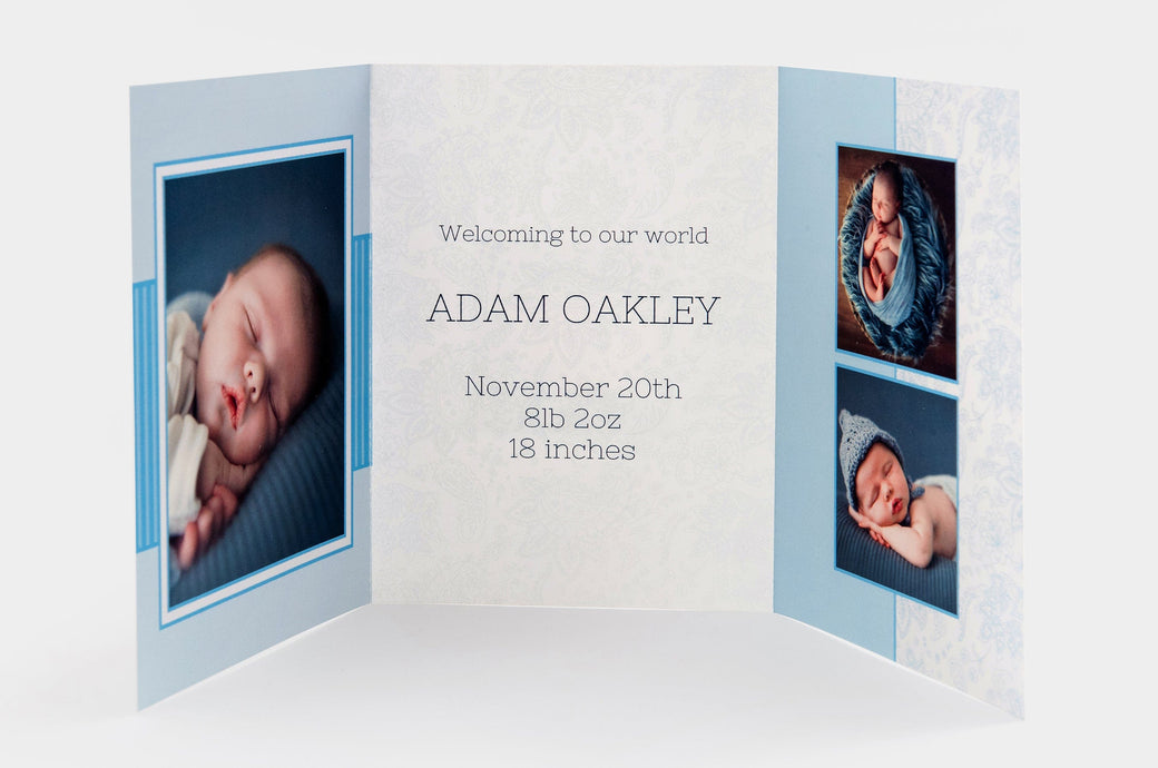 Inside shot of a baby themed 4x5.5" Tri-Fold Card, featuring the photos and information of a newborn baby.