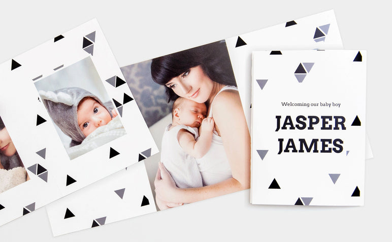 Flat lay of a baby themed 4x5.5" Tri-Fold Card, featuring photos of a mother and her newborn.