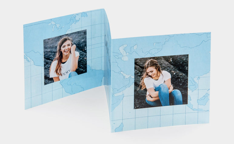Senior Grad themed 5x5" Tri-Fold Card, featuring photos of a happy, teen girl.