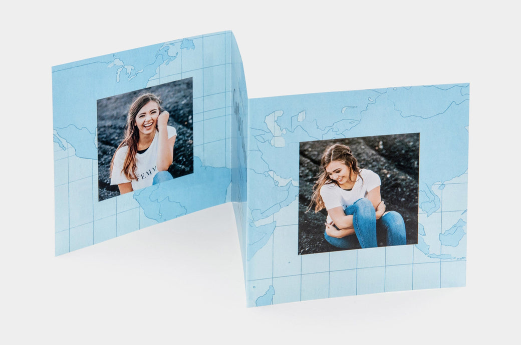 Senior Grad themed 5x5" Tri-Fold Card, featuring photos of a happy, teen girl.