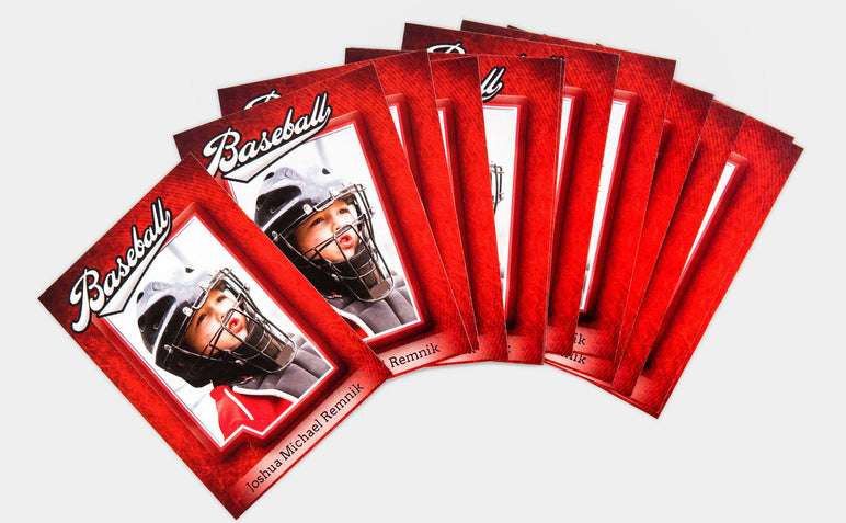 Set of Trader Cards featuring a picture of a young boy in baseball gear. 