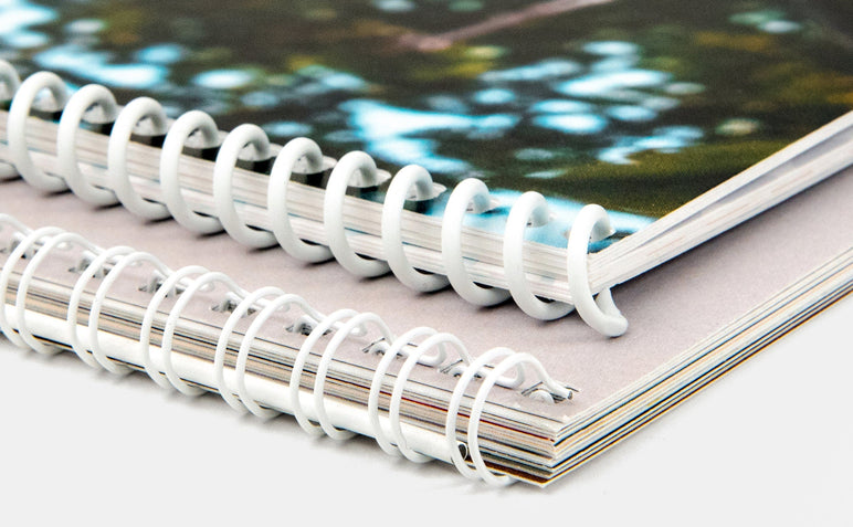 Close up detail shot of the wire binding for both a 8.5x11" Wall Calendar and a 11x17" Wall Calendar