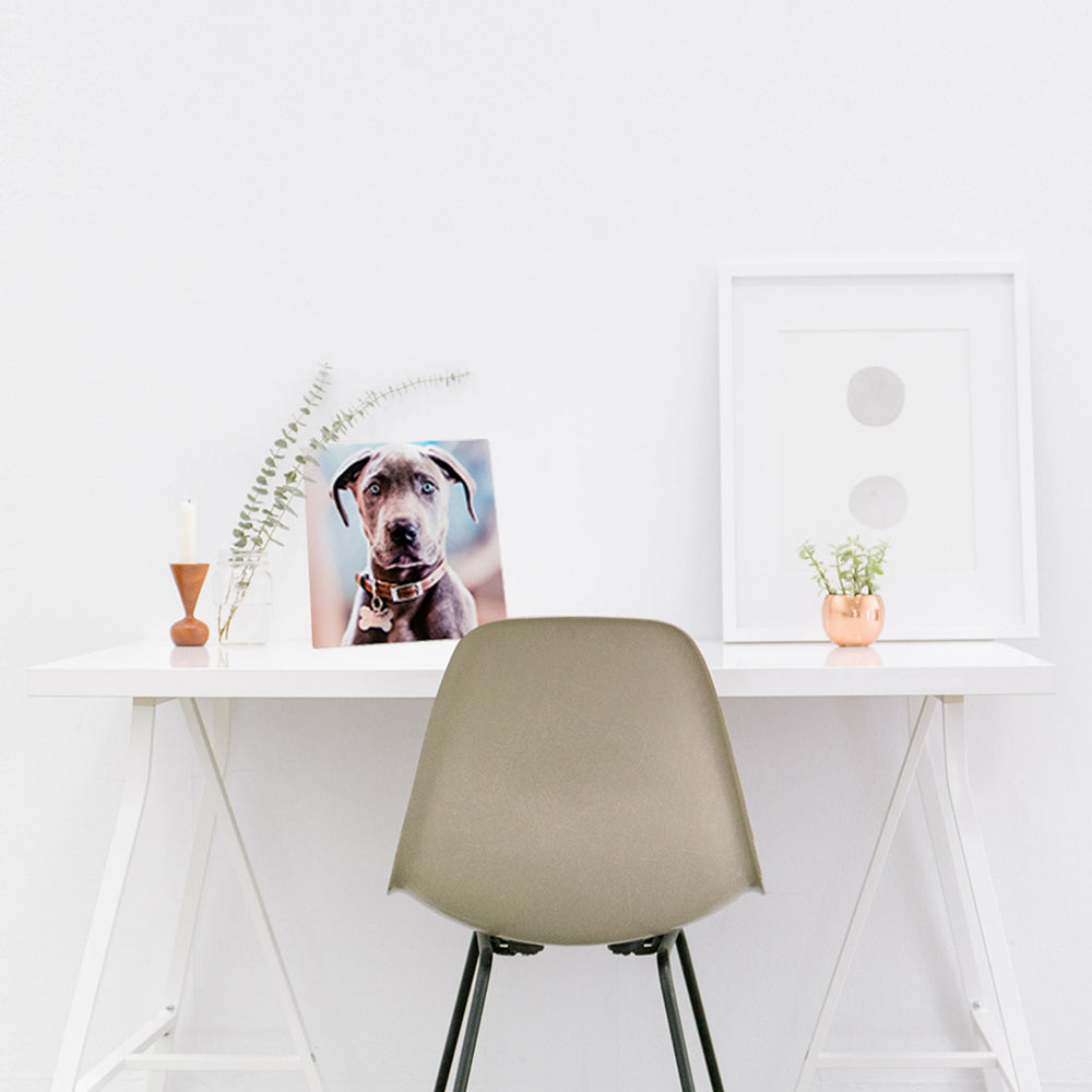 A metal print placed on a desk