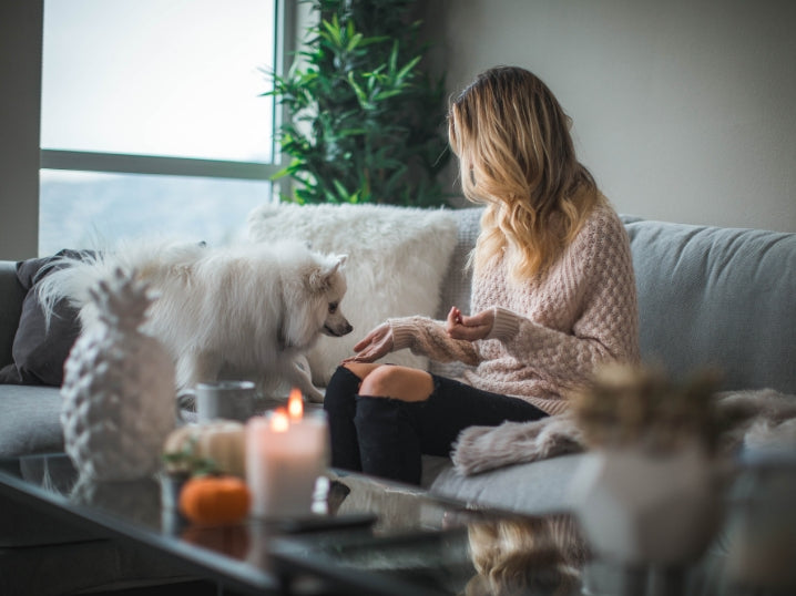 Woman in apartment with dog
