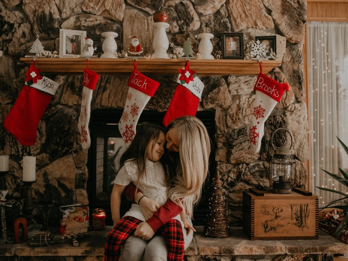 Mom and daughter in front of the fireplace during Christmas