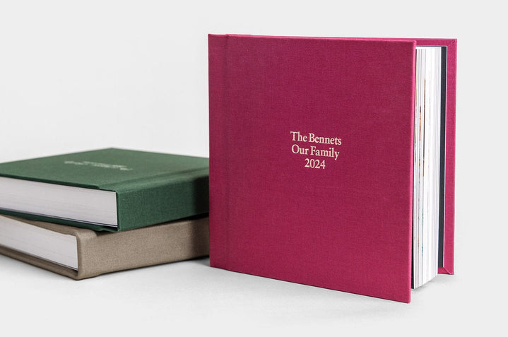 Three 8x8" Album99, featuring the Mulberry Linen, Evergreen  Linen, and Moss Linen