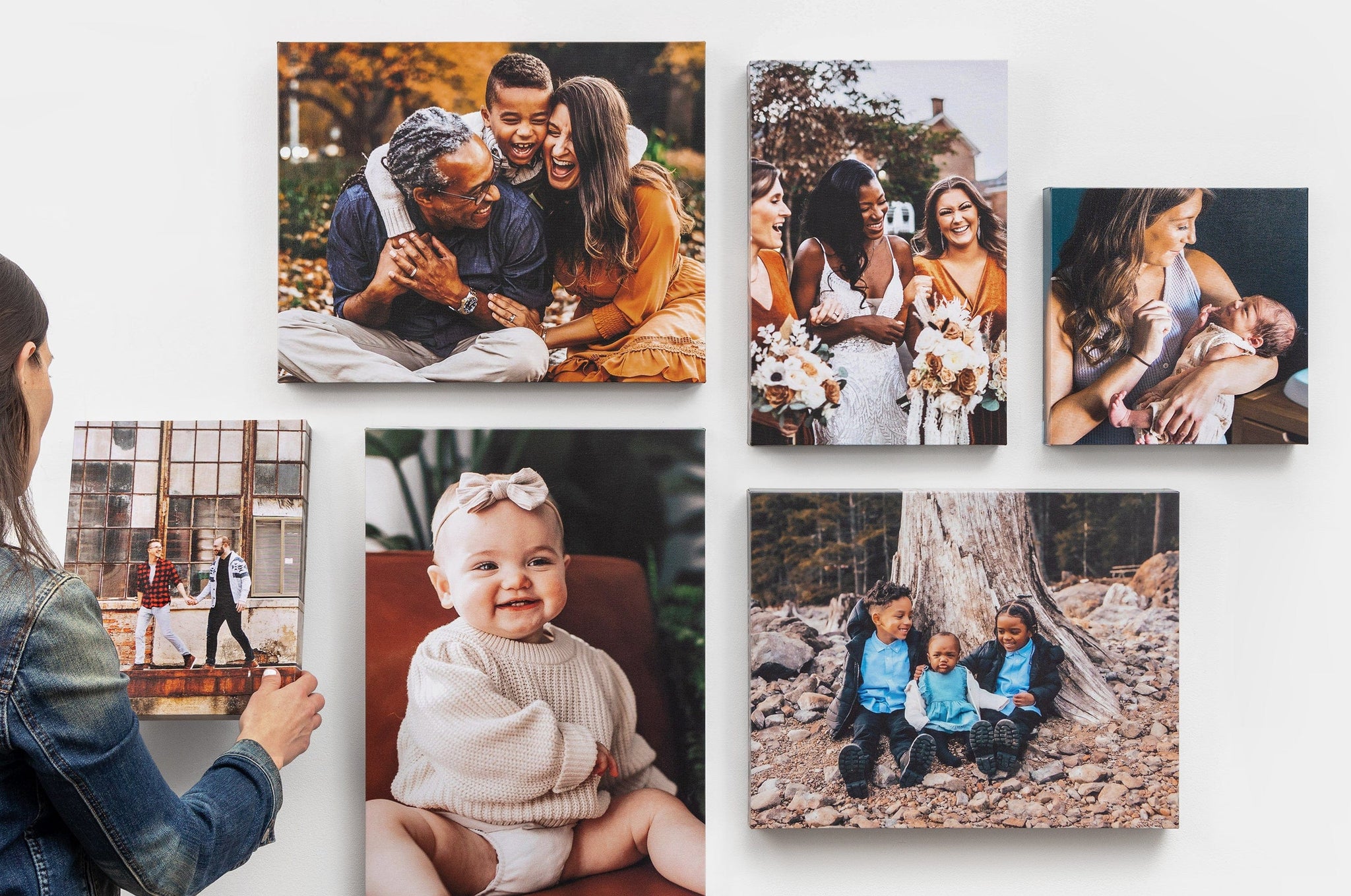 Gallery wall of 6 different sized Premium Canvases featuring family, wedding, and baby themed photos.