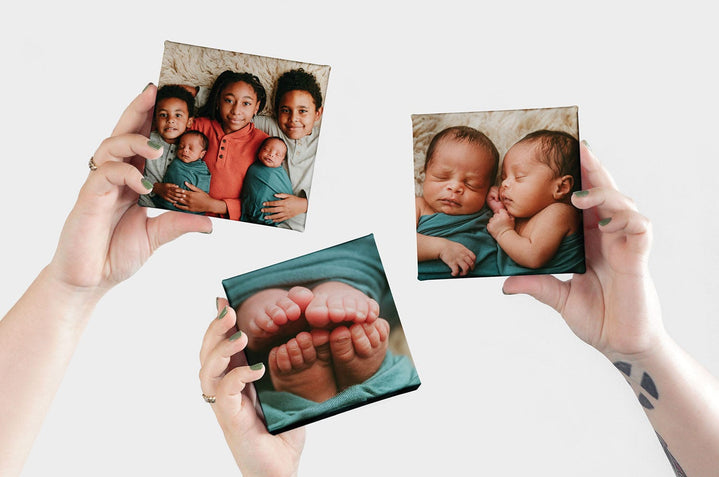 Set of three 5x5" Square Canvas Prints featuring photos of newborn babies and their siblings