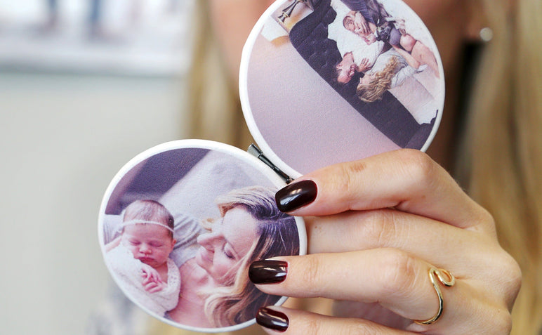 Compact Mirrors with photos of parents with their newborn. 