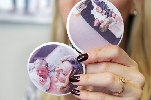 Two Compact Mirrors, one open and the other with a photo of a small child on the cover - Nations Photo Lab
