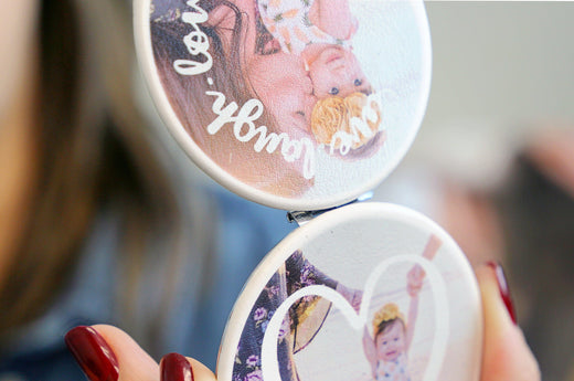 Two Compact Mirrors, one open and the other with a photo of a small child on the cover - Nations Photo Lab
