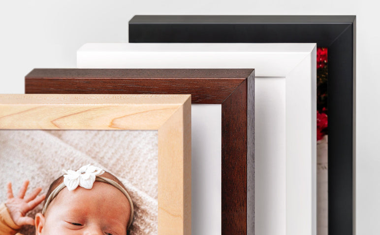 Close up detail of four of our Framed Print styles: Maple, Espresso, White, and Black.