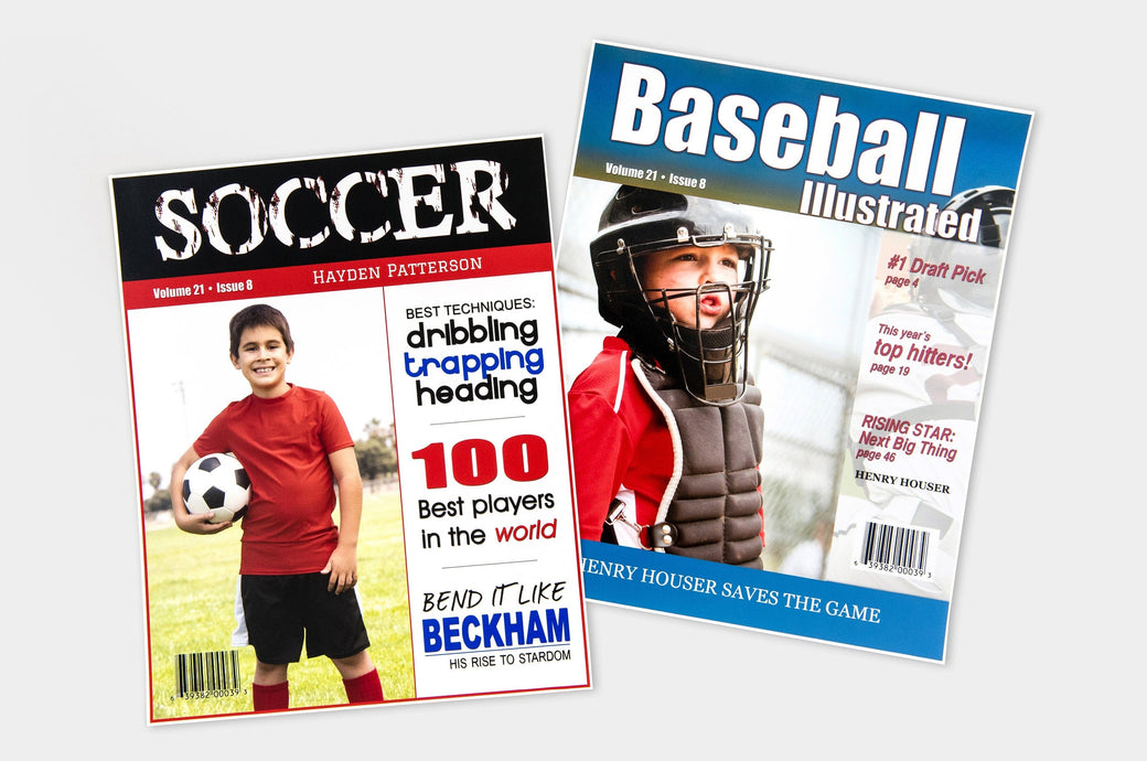 Two Magazine Covers featuring pictures of a soccer player and a baseball player. 