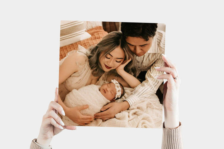 Square 12x12 Metal Print featuring a family baby photo
