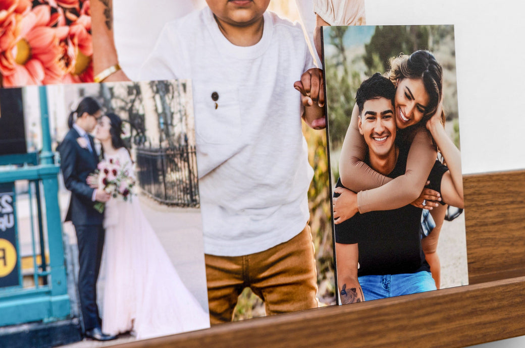 Three photo prints mounted on Styrene styled on a photo ledge. The focus image is 4x6" and features a mother and her teen son.