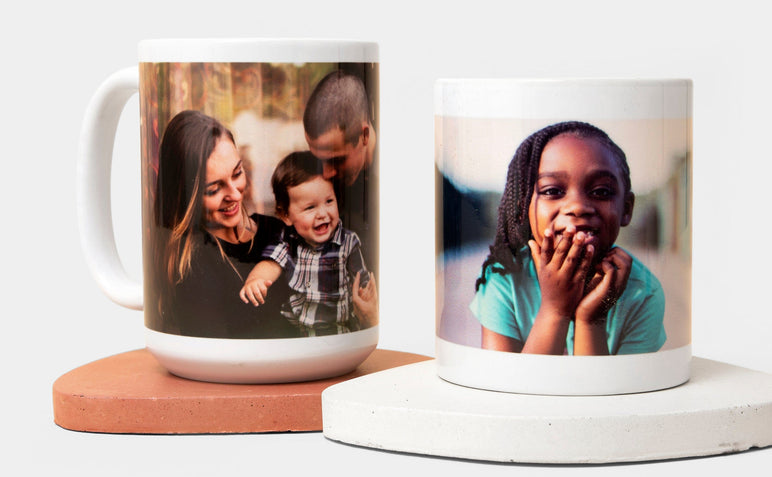Both an 11 oz and a 15 oz Photo Mug with pictures of family and children. 