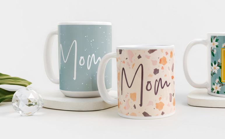 Both an 11 oz and a 15 oz Photo Mug with Mother's Day themed artwork on the front.