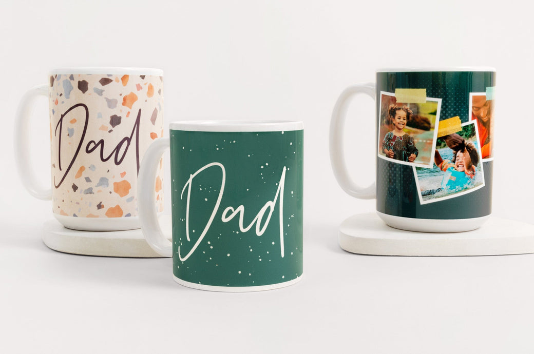Both an 11 oz and a 15 oz Photo Mug with Father's Day themed artwork on the front.