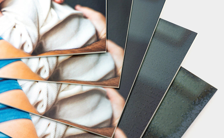Sample of Photo Print paper types, in order from the top: Glossy, Pearl, Lustre, Lustre Linen, Glossy Linen. 