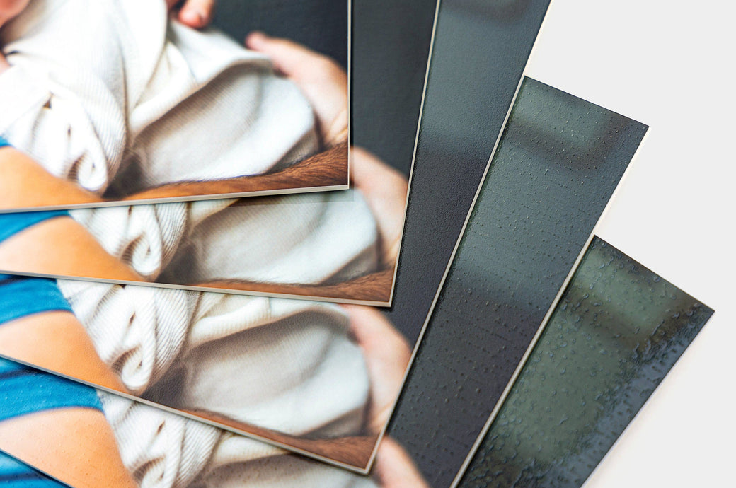 Sample of Photo Print paper types, in order from the top: Glossy, Pearl, Lustre, Lustre Linen, Glossy Linen. 