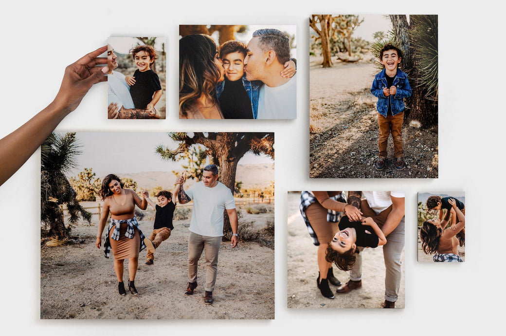 Collage of Photo Prints of various sizes featuring a couple and their son posing for a family shoot in the desert. In reading order, print sizes are: 5x7", 8x10", 11x14", 16x20", 10x10", and 4x6"