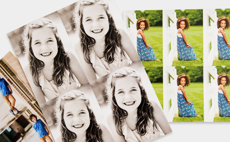 Three different Wallet Photo Prints, two 4 Wallet Photo Prints with a picture of a boy and a girl, and a 8 Wallet Photo Print with a picture of a girl.