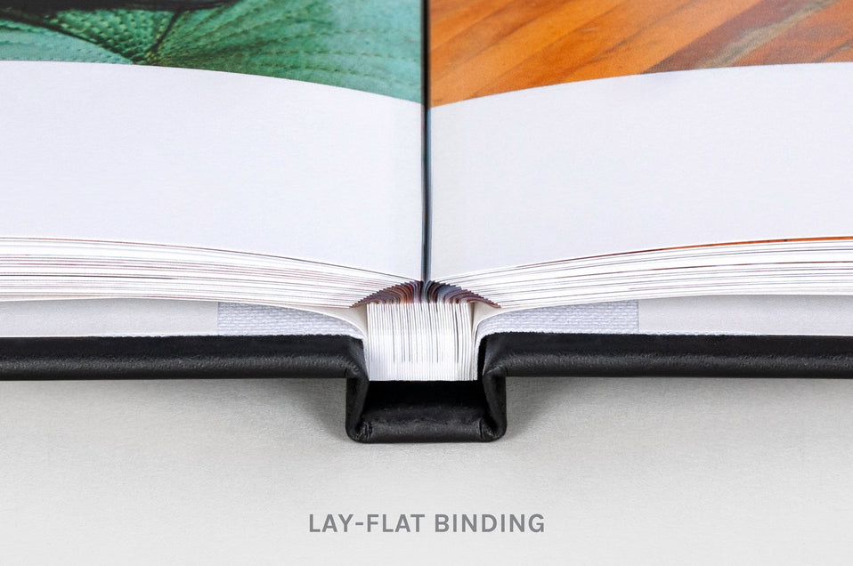 Lay - Flat Binding - Close up detail of the Lay Flat paper. The Lay Flat paper texture is smooth with a light sheen - Nations Photo Lab