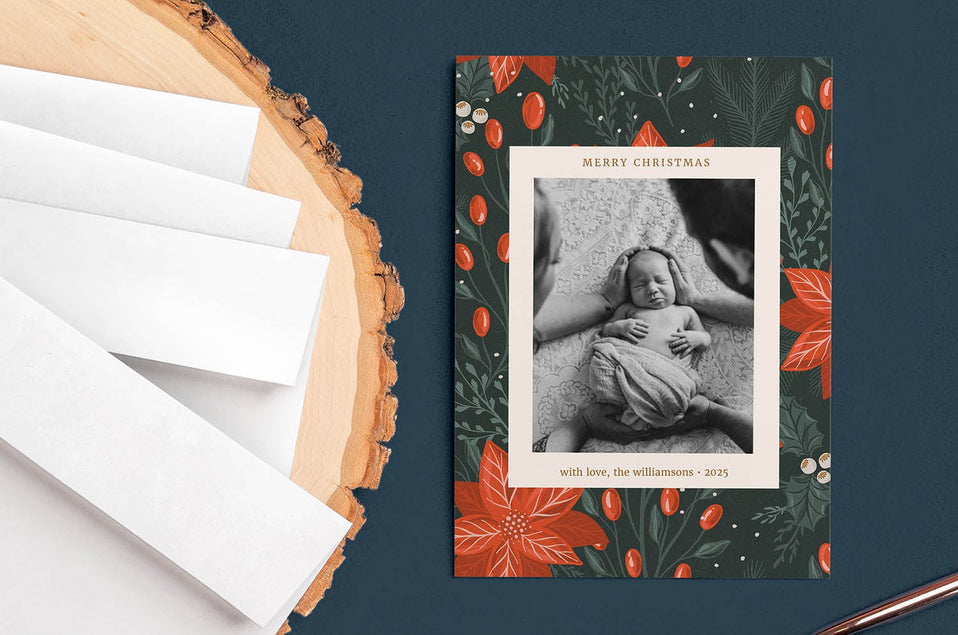5x7 Press Card with a stack of free envelopes featuring a baby image