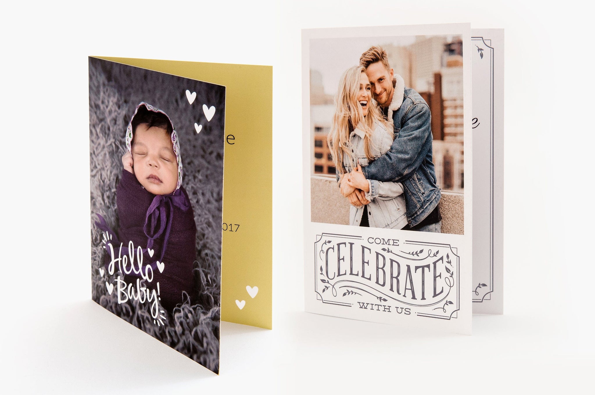 Two portrait 5x7" Classic Fold Cards, one baby themed and one with Save The Date artwork.