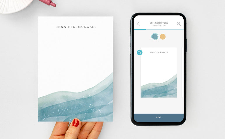 A Custom Stationery Card next to the same card design shown in the Nations Photo Lab App