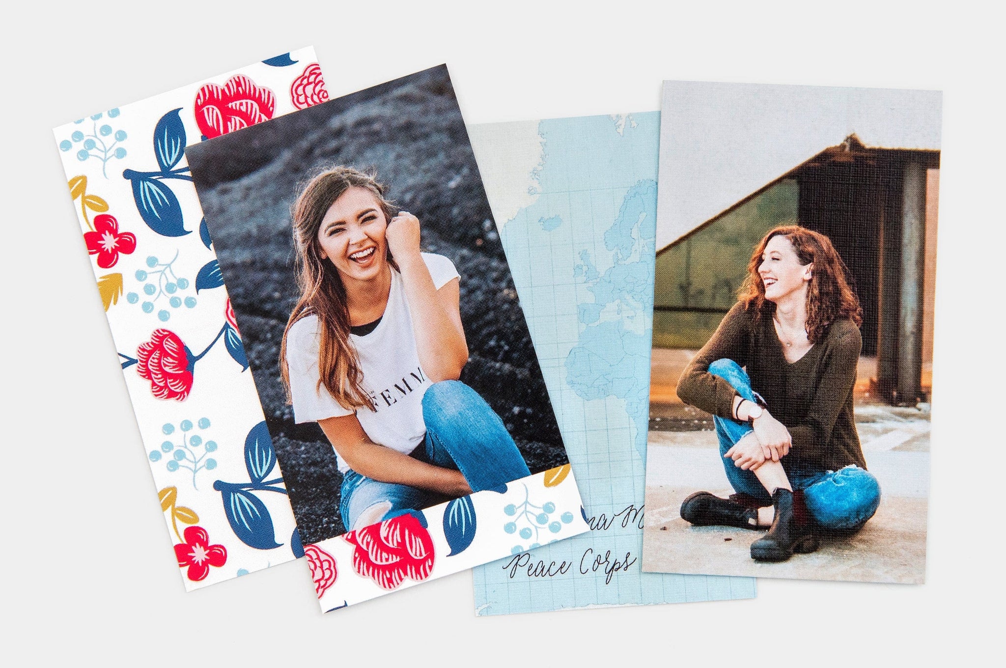 Flat lay of two 2x3.5" Senior Rep Card designs, featuring pictures of happy, teen girls.