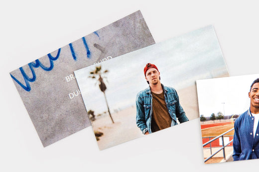 Flat lay of a 2x3.5" Senior Rep Card design, featuring pictures of teen boys.