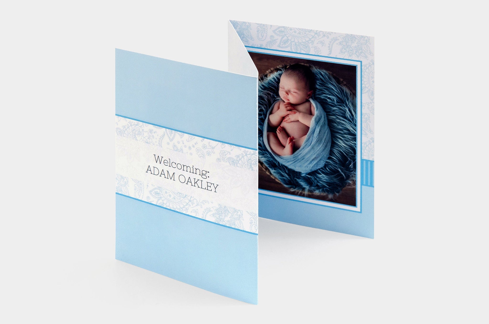 Baby themed 4x5.5" Tri-Fold Card standing up.