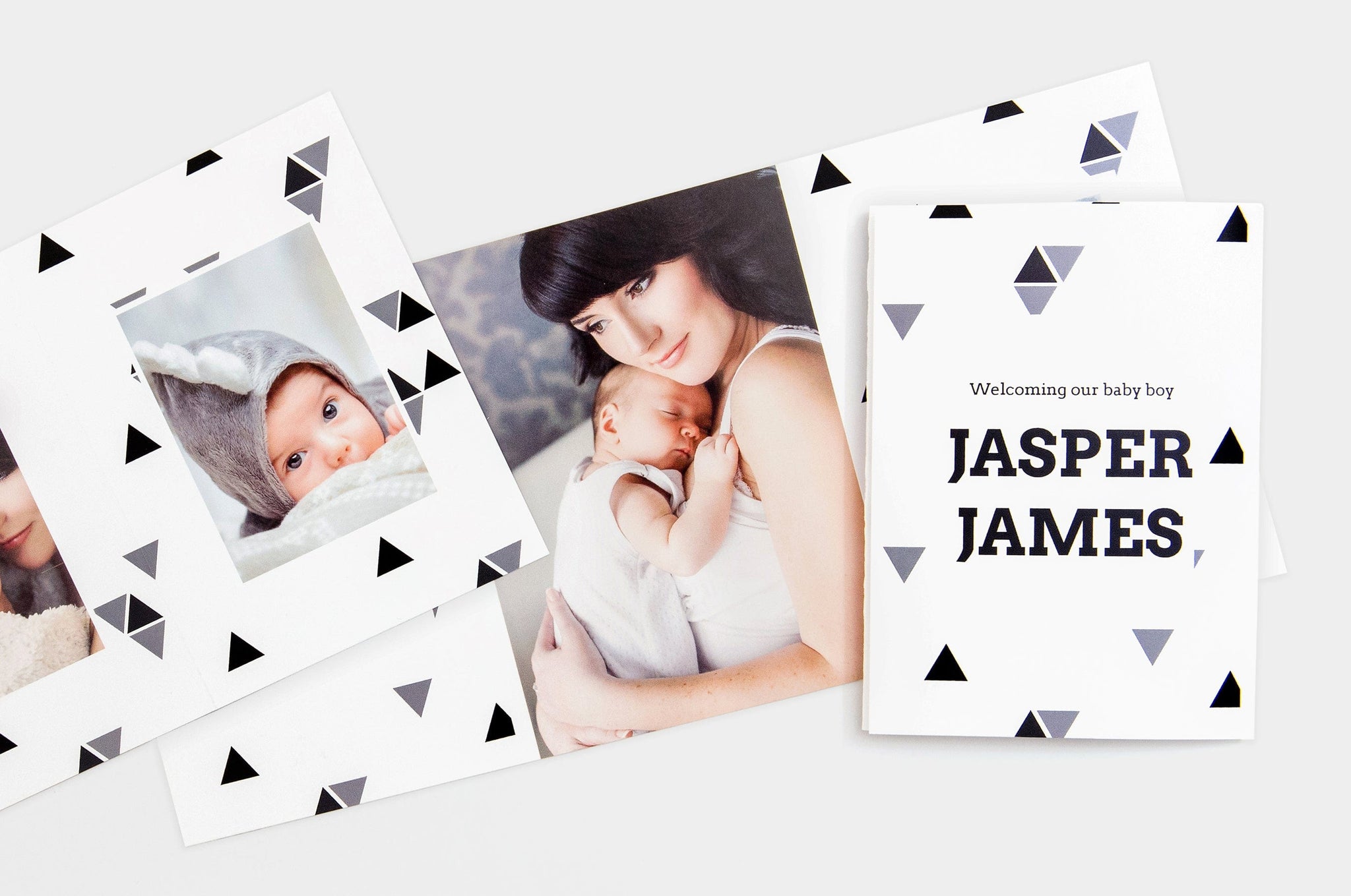 Flat lay of a baby themed 4x5.5" Tri-Fold Card, featuring photos of a mother and her newborn.