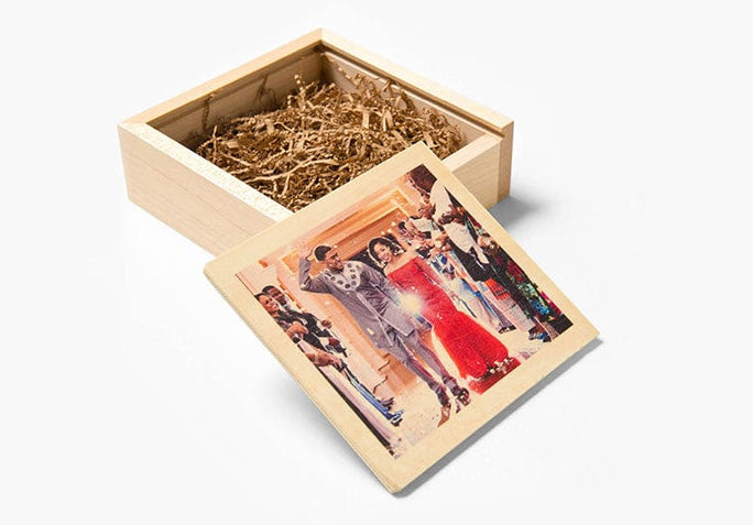 Newlyweds walking down the hallway on the cover of a custom Wooden USB Box