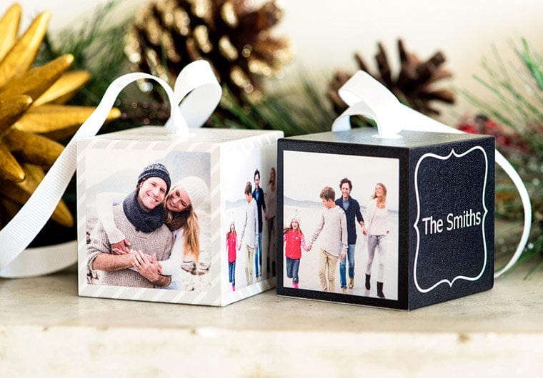 Pictures of a family of four at the lake on a Custom Cube Ornament
