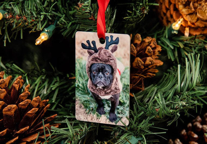 Bulldog in a reindeer costume on a Custom Metal Ornament hanging on a Christmas Tree